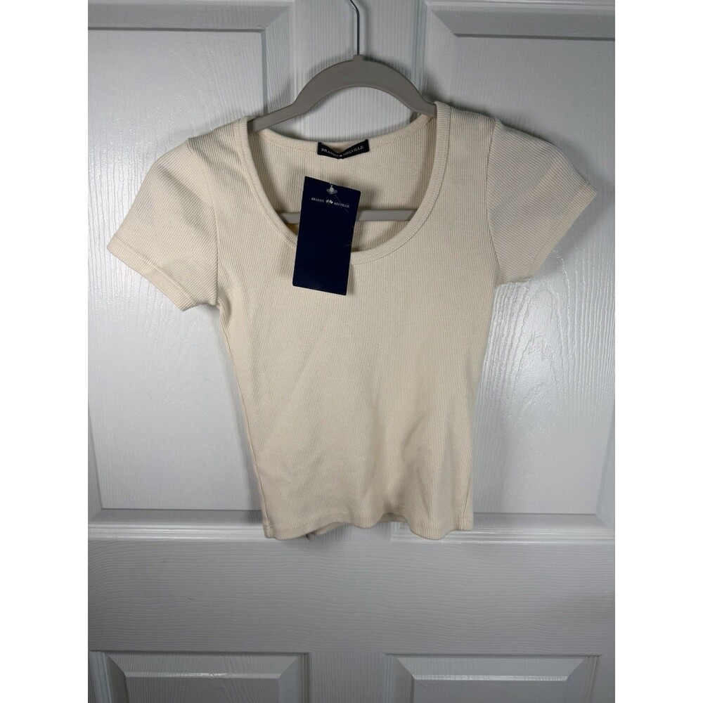 Brandy Melville Cream Zelly Top Short Sleeve Ribbed 100% Cotton OS NWT